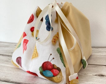 Small drawstring bag with knitting themed fabric,  Komebukuro Project Bag