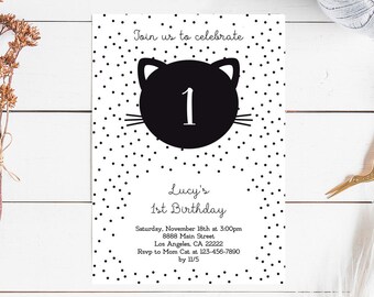 Cat Birthday Invitation, kitty kitten birthday party invite template girl boy, minimalist black white, INSTANT DOWNLOAD editable pdf digital