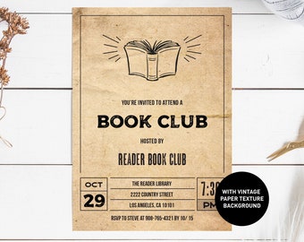 Book Club Invitation, vintage book club party invite printable template, library birthday book party card, INSTANT DOWNLOAD editable pdf