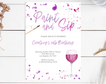 Sip and Paint Invitation, paint and sip birthday party invite printable template, painting bachelorette party, Any Occasion INSTANT DOWNLOAD