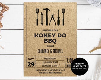 Honey Do Bbq Invitation, honey do bbq couples shower invite printable template, rustic kraft honey do shower, INSTANT DOWNLOAD editable pdf