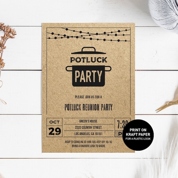 Potluck Party Invitation, portluck reunion invite printable template, potluck block party, neighborhood party, INSTANT DOWNLOAD editable pdf
