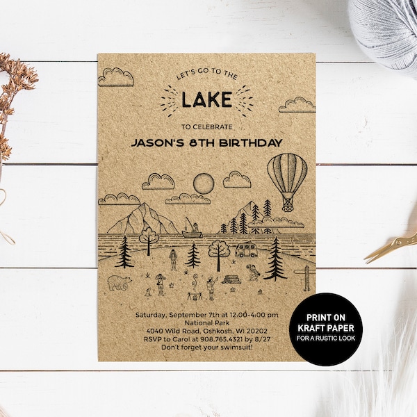 Lake Party Invitation, lake birthday invite printable template, lake day summer swimming, lake weekend bday, INSTANT DOWNLOAD editable pdf