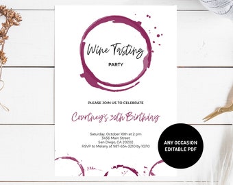 Wine Tasting Birthday Invitation, wine tasting party invite printable template, bridal shower, engagement party INSTANT DOWNLOAD editable