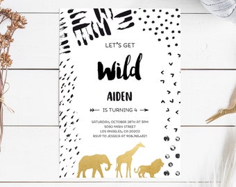 Jungle Birthday Invitation, black and white gold safari birthday invitation printabe, party animals lets get wild invite, INSTANT DOWNLOAD