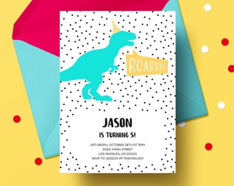 Dinosaur Birthday Invitation, modern dino birthday invite, minimalist dinosaurs party, t-rex birthday green black white, INSTANT DOWNLOAD