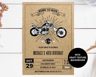 Motorcycle Birthday Invitation, motorcycle biker party invitation adult printable template, kraft born to ride invite, INSTANT DOWNLOAD pdf