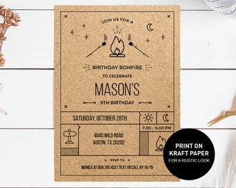 Bonfire Invitation, rustic craft birthday bonfire invitation printable template, camp bonfire party boy invite INSTANT DOWNLOAD editable pdf