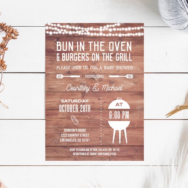 Bun in the Oven Baby Shower Invitation, burgers on the grill baby shower invite printable template, rustic bun in the oven, INSTANT DOWNLOAD