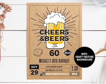 Cheers and Beers to 60 years Invitation, beer 60th birthday invitation for him, rustic kraft 60 bday invite printable, INSTANT DOWNLOAD pdf