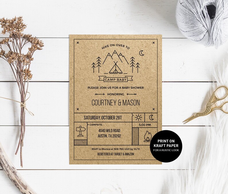 camping baby shower invitation, camp baby shower invite printable, little  camper baby the adventure begins, instant download editable pdf