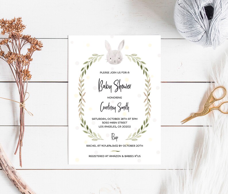 watercolor greeney leaves minimalist bunny neutral baby shower invite printable template Bunny Baby Shower Invitation INSTANT DOWNLOAD