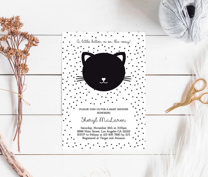 Cat Baby Shower Invitation, kitty kitten baby shower invite printable minimalist black and white baby template INSTANT DOWNLOAD editable pdf image 1