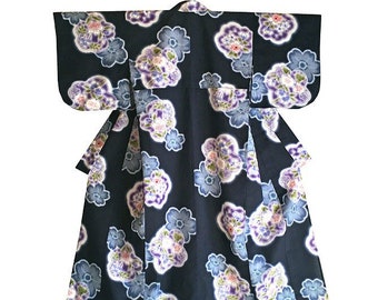 Women's Yukata M, cotton, summer kimono, Kansai brand, new condition, floral pattern, unlined, plum blossoms, camellias, indigo background, rosettes, morning glories