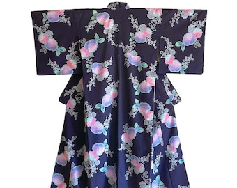 Women's yukata, M, indigo cotton, bouquets of roses, seasonal flowers, without transparency, summer kimono, floral pattern, good quality,