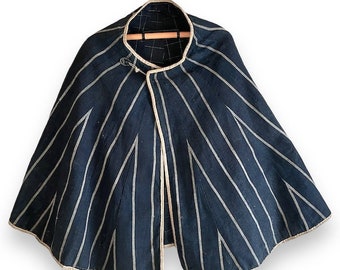 Vintage cape, fine Edo, kappa, dôchû kappa, indigo cotton, lined, waterproof, travel clothing, striped pattern,