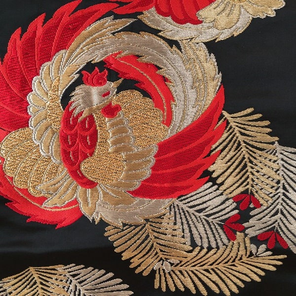 obi femme vintage,fukuro-obi soie,phoenix,rouge noir or,pins,brocart,ceinture kimono,ceinture japonaise,chemin de table,obi large noir