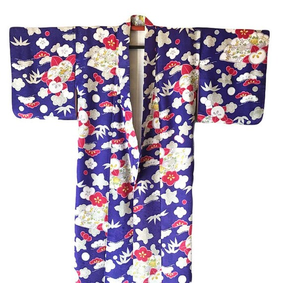 Vintage women's kimono,M size,dark blue-violet si… - image 6