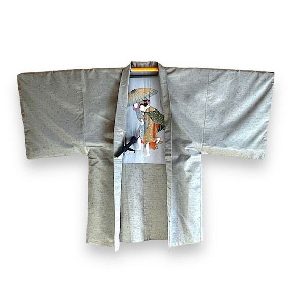 Haori homme LL,soie tsumugi grise,veste kimono,veste japonaise,doublé,kimono court,haori vintage,haori japonais,veste intérieur,
