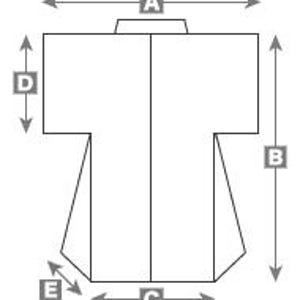 Puede incluir: Diagrama que muestra las medidas de un kimono. Las medidas est&aacute;n etiquetadas como A, B, C, D y E.