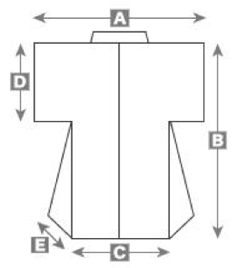 Puede incluir: Diagrama que muestra las medidas de un kimono. Las medidas est&aacute;n etiquetadas como A, B, C, D y E.