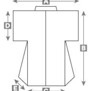 May include: Diagram showing the measurements of a kimono. The measurements are labeled A, B, C, D, and E.