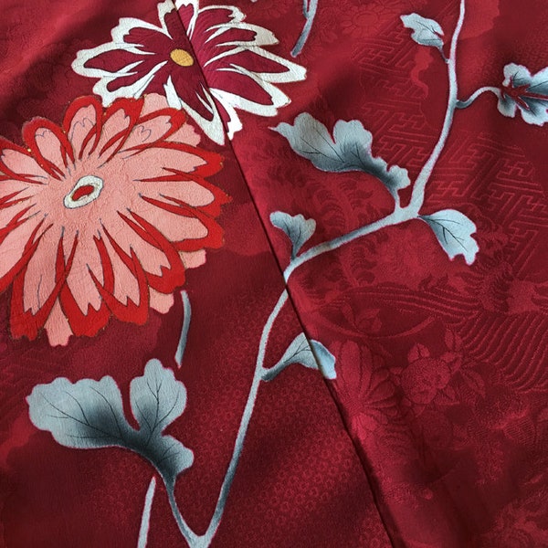 Kimono vintage de mujer, seda rojo carmín, flores de crisantemo, forrado, seda fina, vestido japonés, kimono japonés, forrado, kimono largo,