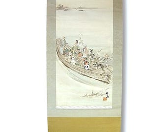 Dipinto giapponese su seta, rotolo dipinto, kakejiku, kakemono, decorazione murale, watari-bune, barca, inizio XX secolo, umorismo, Edo, non firmato,