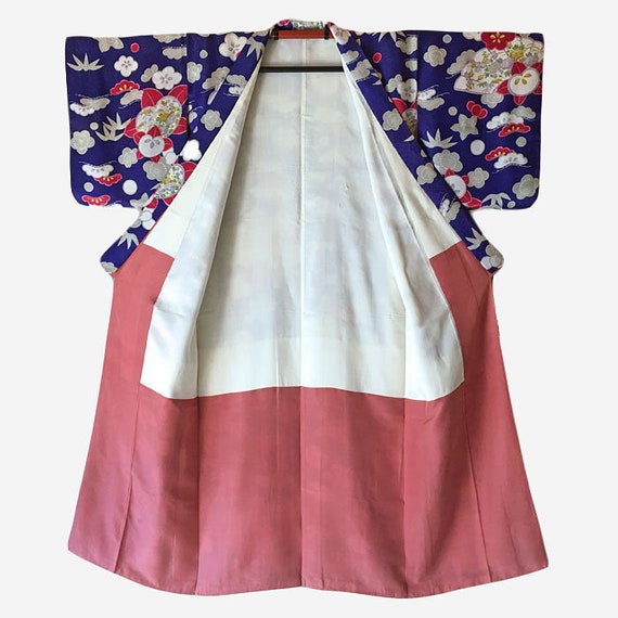 Vintage women's kimono,M size,dark blue-violet si… - image 7