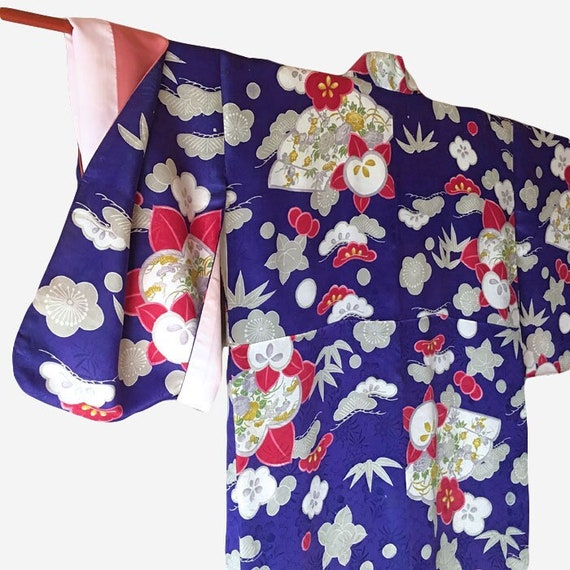 Vintage women's kimono,M size,dark blue-violet si… - image 4