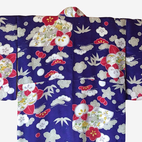 Vintage women's kimono,M size,dark blue-violet si… - image 3