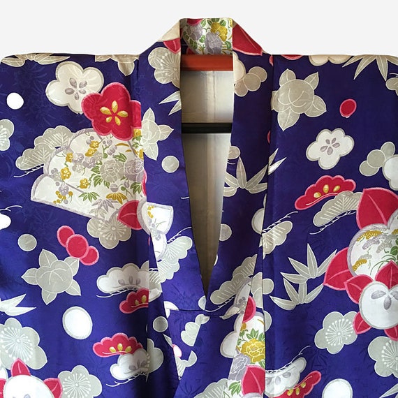 Vintage women's kimono,M size,dark blue-violet si… - image 5
