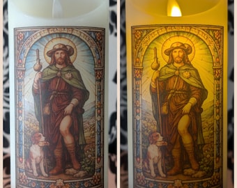 Picture LED Pillar Candle - St. Rocco, Saint Roch, San Roque. Patron Saint of Dogs. Religious. Pet Memorial.