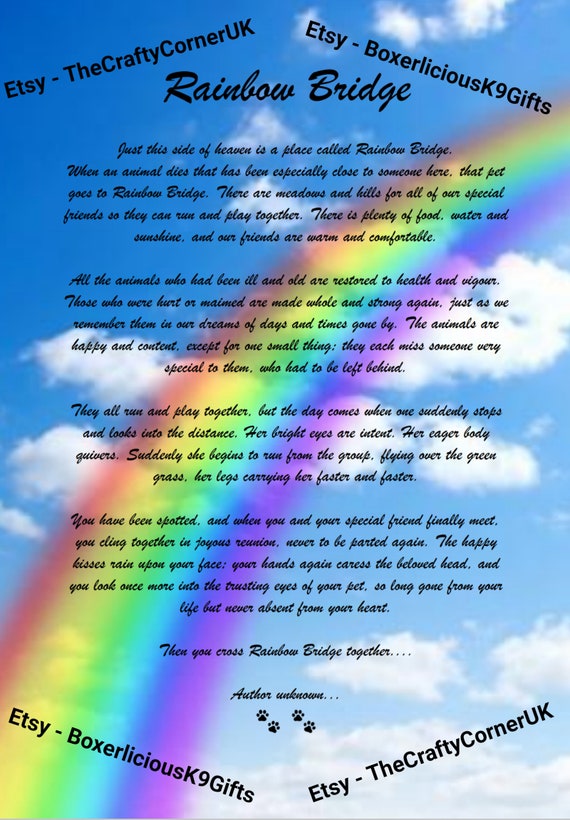 Rainbow Bridge Poem Pet Loss Memorial Bereavement Picture Dog Etsy