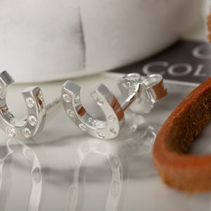 Sparkly Horseshoe Stud Earrings in sterling silver, perfect earrings for horse lovers.