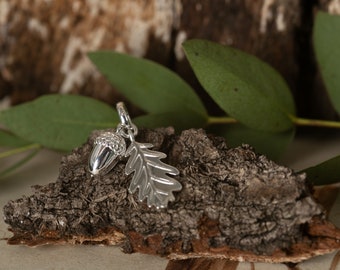 Acorn and Leaf Charm, sterling silver acorn and leaf pendant for nature lovers.