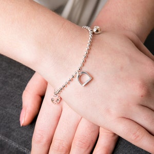 Silver Equestrian Beaded Bracelet, horsey themed bracelet with 3 charms and rose gold detailing.