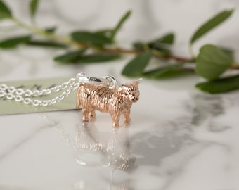 Highland Cow Pendant,Sterling silver and rose gold Highland Cow Pendant