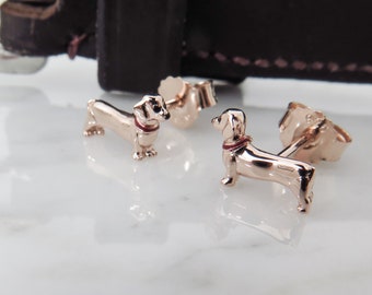 Rose Gold Dachshund Stud Earrings: Enamel Collar, Dog Lover Gift