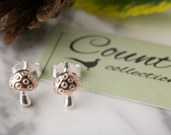 Mushroom Stud Earrings, silver mushroom earrings with rose gold.