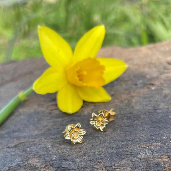 Daffodil Earrings, Daffodil Stud Earrings yellow gold vermeil.