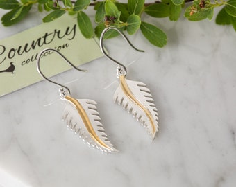 Sterling Silver Feather Drop Earrings: Gold Detail, Gemma J