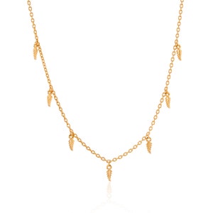 Gold Feather Necklace, yellow gold necklace with feather charms.