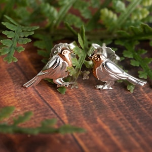 Sterling Silver Robin Stud Earrings: Rose Gold Vermeil Detail