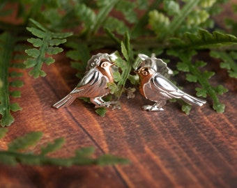 Sterling Silver Robin Stud Earrings: Rose Gold Vermeil Detail