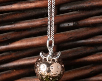 Rose Gold and Silver Strawberry Locket Pendant, long opening strawberry locket pendant in silver and rose gold.