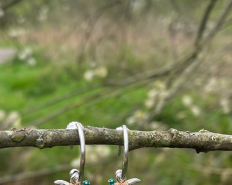 Pheasant Hoop Earrings, silver Pheasant earrings with rose gold detail