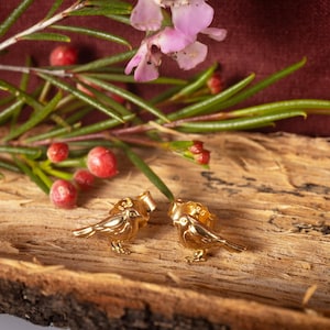Gold Robin Stud Earrings: 18ct Gold-Plated Sterling Silver Bird Jewelry