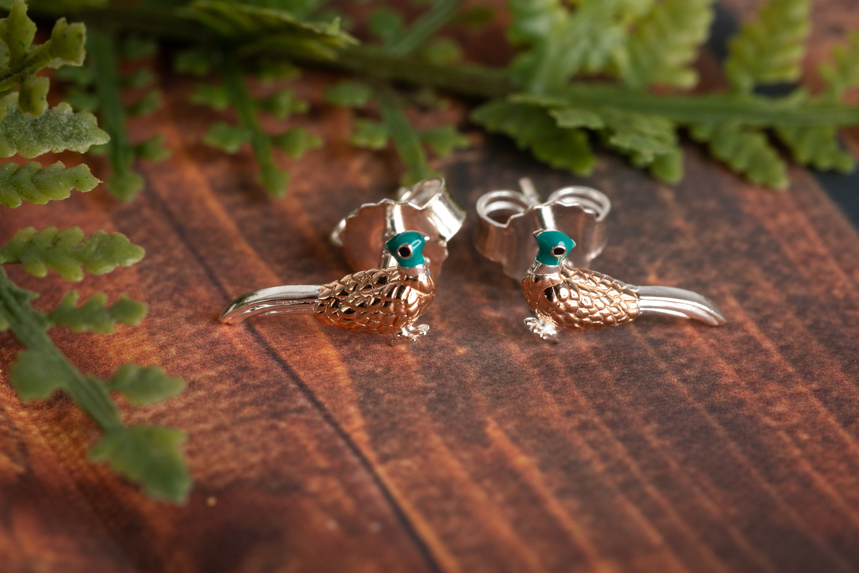 Pheasant Earrings, silver pheasant studs with rose gold and enamel detail.