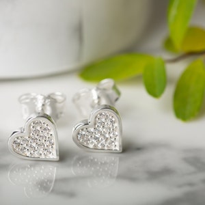 Sterling Silver Heart Stud Earrings, Cubic Zirconia